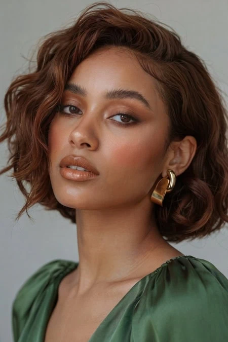 Close-up of a woman with wavy, shoulder-length brown hair, wearing natural makeup and gold earrings, in a green satin top.