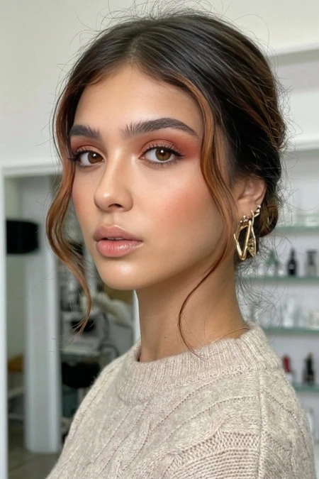 Close-up of a young woman with natural makeup, warm eyeshadow, defined brows, and gold hoop earrings, showcasing a simple yet elegant makeup look.