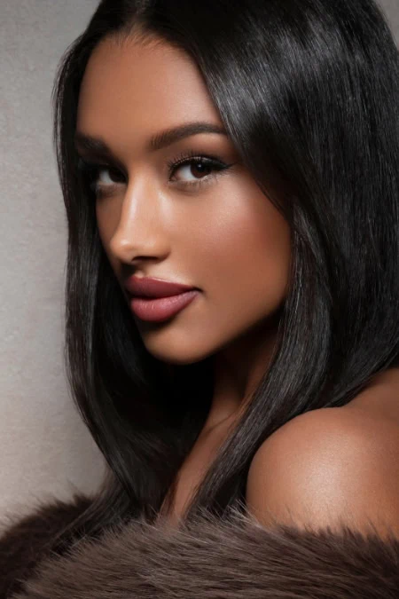 Close-up of a young woman with flawless skin, dark straight hair, and subtle makeup, showcasing beauty and fall makeup looks.