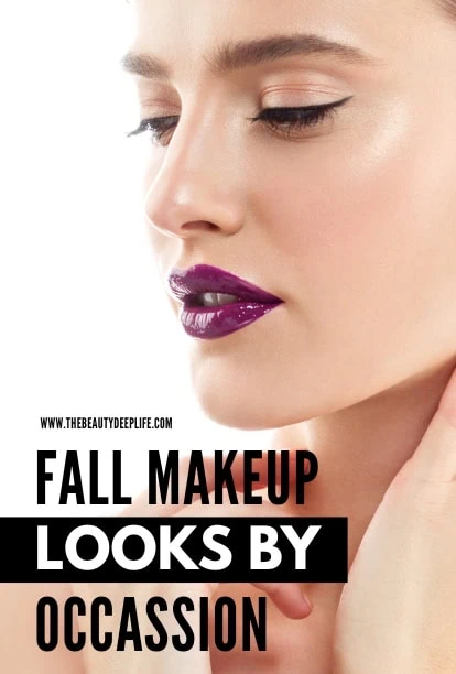 Close-up of a woman's face showcasing fall makeup with bold purple lipstick and subtle eye makeup, promoting fall makeup looks by occasion.