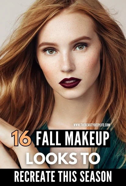 Close-up of a young woman with red hair and bold dark lipstick, promoting fall makeup looks for the season on The Beauty Deep Life.