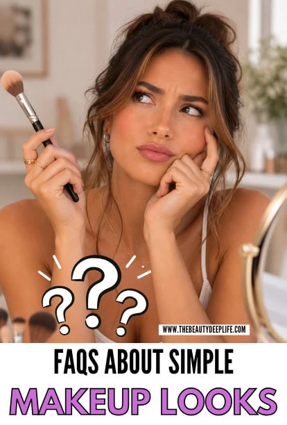 Confused woman holding makeup brush with question marks.