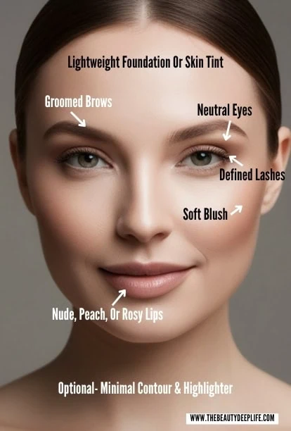 Close-up of a woman's face with labeled makeup features including groomed brows, neutral eyes, defined lashes, soft blush, nude lips, and minimal contour, ideal for beauty and makeup tutorials.
