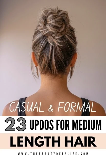 Elegant messy bun updo for medium-length hair suitable for casual and formal occasions.