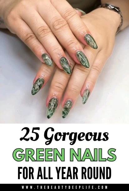 Elegant green marble nail art on long, almond-shaped nails, perfect for all-year-round style and beauty.