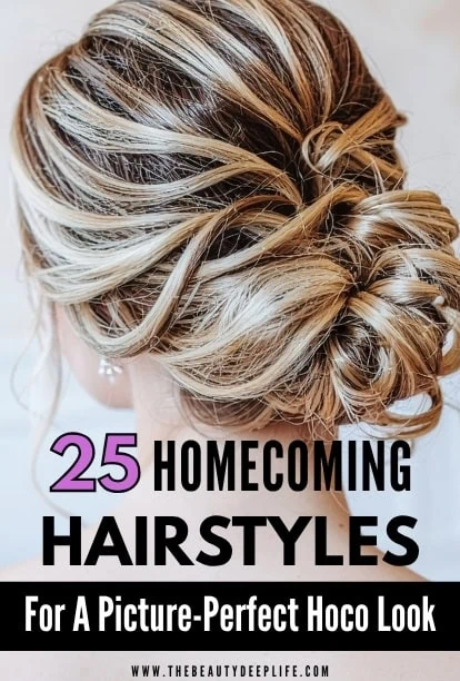 Elegant updo hairstyle with blonde highlights, perfect for homecoming events, showcasing intricate styling and volume for a picture-perfect look.