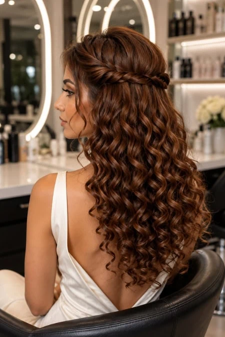 Elegant long curly hairstyle with a braided crown for a sophisticated look, perfect for homecoming or special occasions.