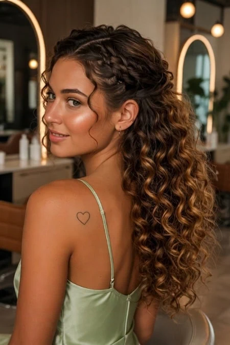 Beautiful woman with long, curly hair styled in a half-up braided hairstyle, smiling in a modern salon setting.