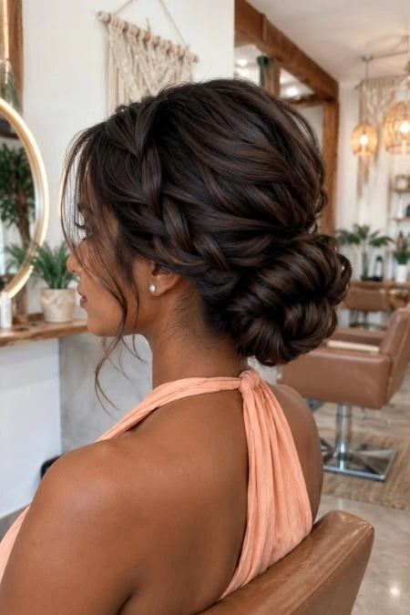 Elegant updo hairstyle with braided details, perfect for a homecoming or formal event, showcasing a sophisticated and stylish look.