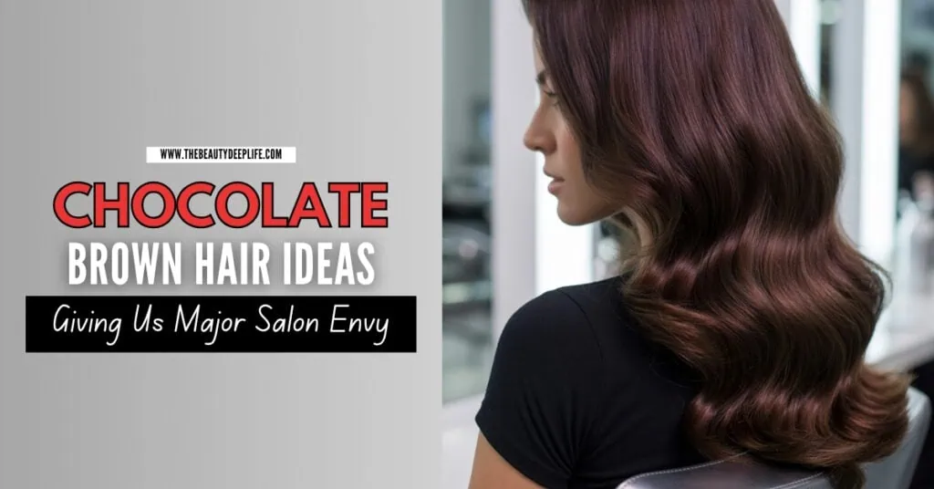 Beautiful woman with long, wavy chocolate brown hair sitting in a salon chair, showcasing chocolate brown hair color ideas for a stylish look.