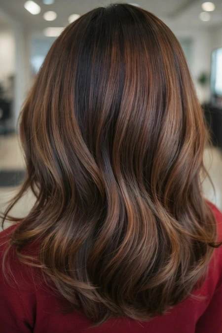Beautiful hair balayage with soft waves and rich caramel highlights, styled for a polished and natural look, perfect for hair and beauty styling.