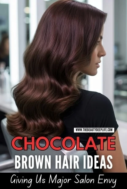 Beautiful long chocolate brown hair with soft waves, styled elegantly, showcasing hair coloring and styling techniques for salon inspiration.