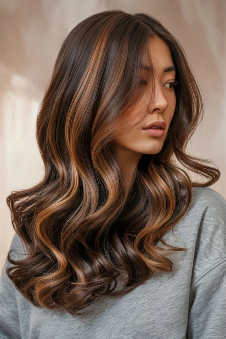 Beautiful woman with long, wavy brunette hair with caramel highlights, wearing a gray top, showcasing healthy, shiny hair for beauty and hair care themes.