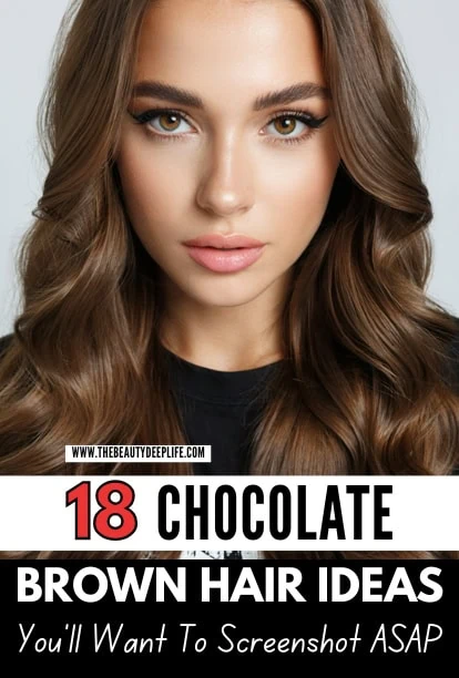 Close-up of a young woman with long, wavy chocolate brown hair and natural makeup, promoting brown hair ideas and chocolate hair color for beauty inspiration.
