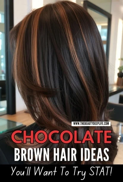 Stylish chocolate brown hair with caramel highlights styled in a layered bob, perfect for a modern, chic look, ideal for hair color ideas and styling inspiration.