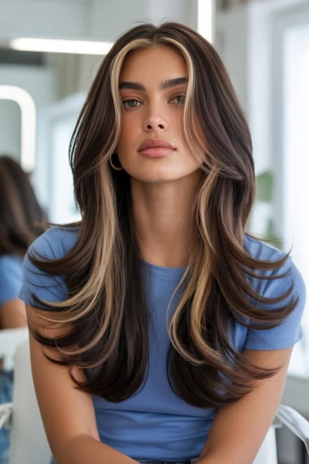 Beautiful young woman with long, wavy brown hair and subtle makeup, wearing a blue top, in a modern salon setting.