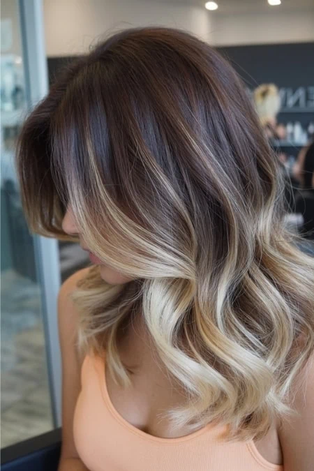 Stylish women's hair with balayage highlights in a salon setting, showcasing a trendy, layered haircut with soft waves and a blend of brunette and blonde tones.