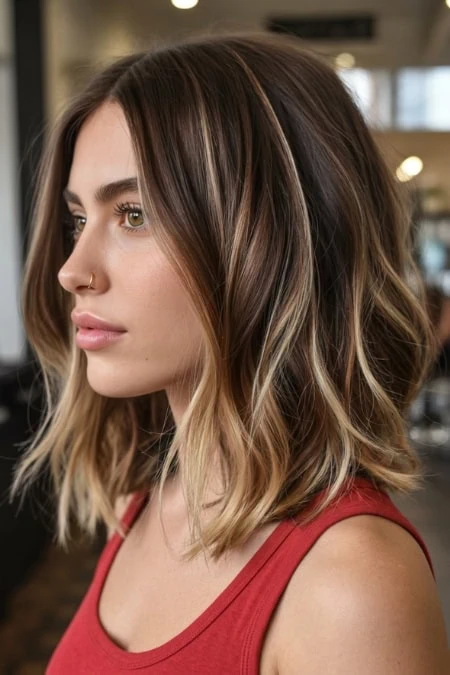 Stylish woman with shoulder-length wavy hair featuring balayage blonde highlights on chocolate brown hair, wearing a red top, in a modern salon setting.