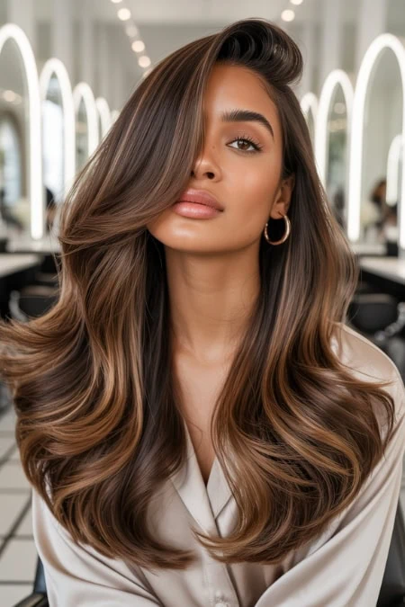 Glamorous woman with long, wavy brown hair and subtle makeup in a modern salon setting, showcasing hair styling and beauty services.
