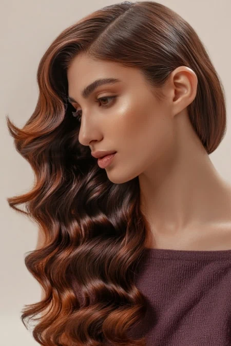 Elegant woman with long, wavy, chestnut-brown hair styled in loose curls, wearing a maroon top, showcasing healthy, shiny hair and natural makeup.