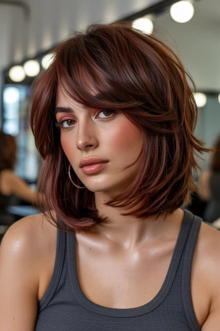 Stylish woman with shoulder-length auburn hair and natural makeup, wearing a gray tank top, in a modern salon setting with bright lighting and blurred background.