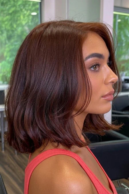 Stylish woman with shoulder-length auburn hair and natural makeup, sitting in a modern salon with large windows and greenery outside.