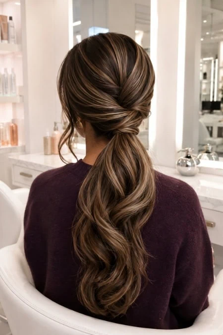 Elegant ponytail hairstyle, showcasing a sophisticated and stylish look.