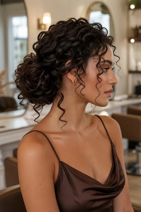 Elegant curly updo hairstyle perfect for homecoming or special occasions, featuring defined ringlets and volume.
