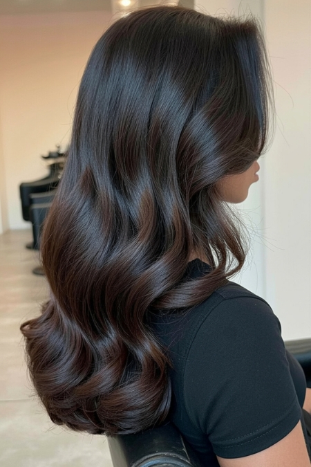Long, wavy dark chocolate brown hair with a glossy finish, styled in soft curls, showcasing healthy hair with a natural shine, ideal for beauty and hair care themes.