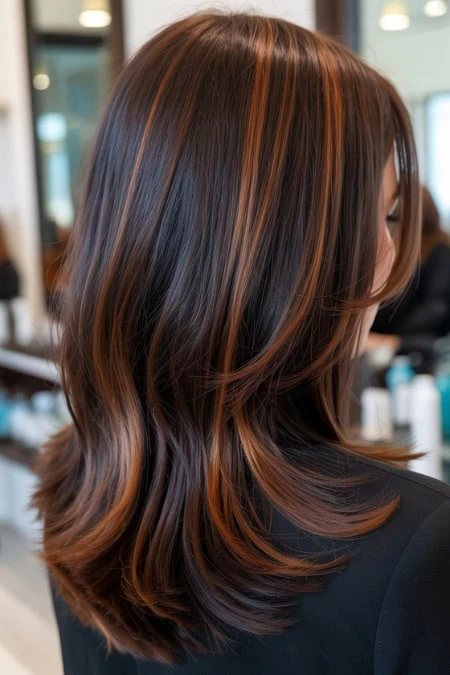 Beautiful long layered hair with rich caramel and chocolate brown highlights, styled smoothly for a polished look, in a salon setting.