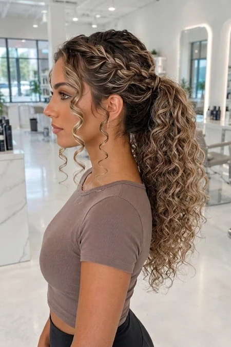 Elegant curly hairstyle with braided crown and voluminous ponytail, perfect for homecoming or special occasions.