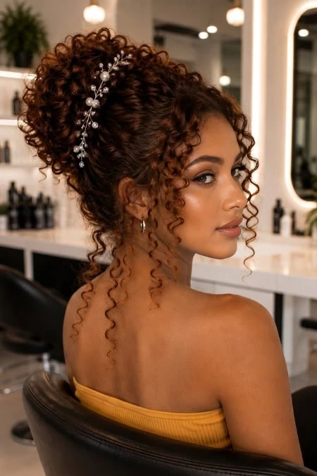 Elegant curly updo hairstyle with decorative hair accessories for a formal event or homecoming.