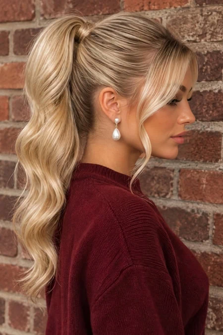 Elegant high ponytail hairstyle with loose waves and long bangs for a sophisticated look.