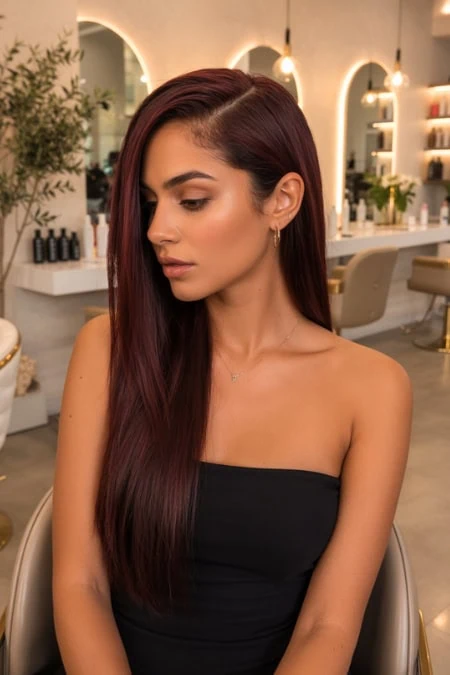 Elegant woman with long, straight, burgundy hair in a modern salon setting, showcasing a sleek hairstyle perfect for homecoming.