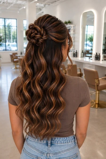 Elegant half updo hairstyle with intricate bun, perfect for homecoming events, showcasing a sophisticated and stylish look.