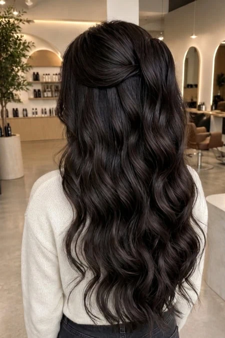 Elegant half up hairstyle with waves, perfect for homecoming events, showcasing a sophisticated and stylish look.