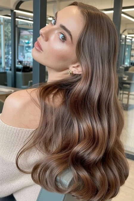 Beautiful woman with long, wavy light brown hair and flawless makeup in a modern salon setting, showcasing hair styling and beauty care.