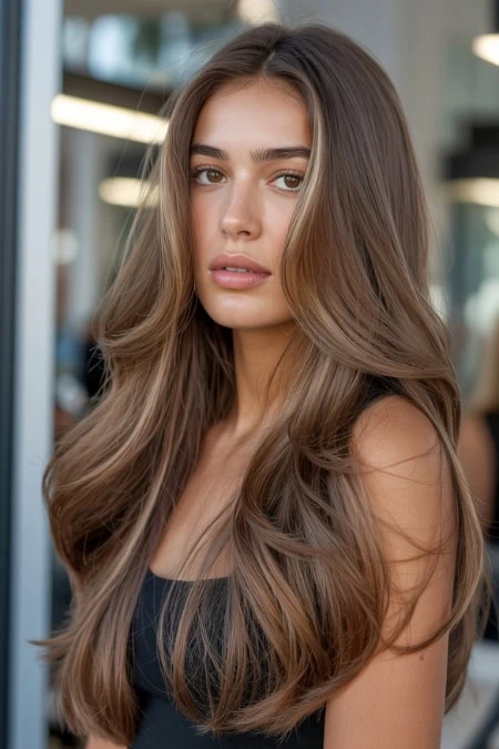Beautiful young woman with long, wavy brown hair and natural makeup, posing indoors with a modern background, emphasizing hair and skincare beauty.