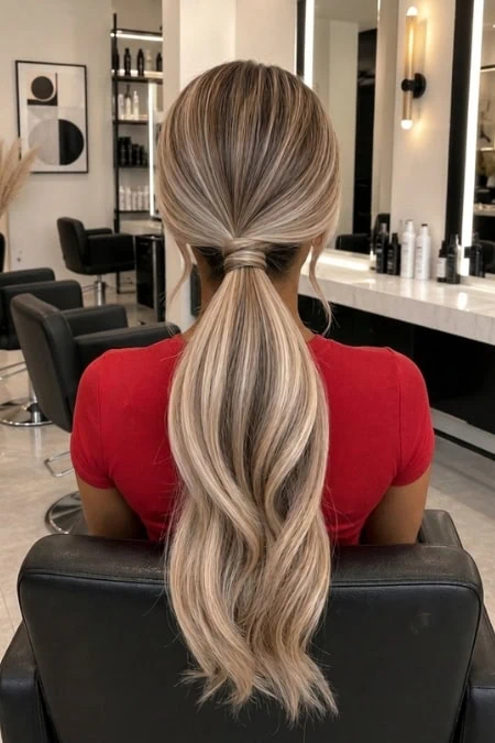 Long, wavy blonde hair styled in a low ponytail, perfect for a homecoming look, in a modern salon setting.