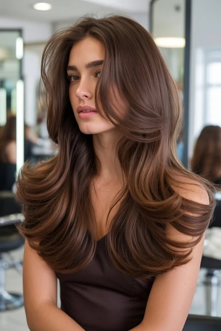 Beautiful woman with long, voluminous, wavy chocolate brown hair in a salon setting, showcasing healthy hair and professional hair styling.