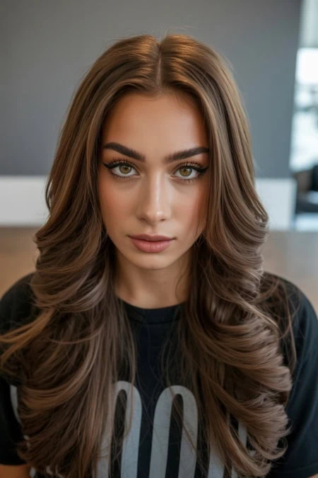 Close-up of a young woman with long, wavy milk chocolate brown hair and striking green eyes, showcasing natural beauty and flawless makeup in a modern indoor setting.