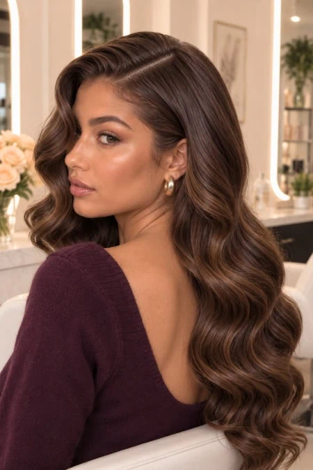 Elegant woman with long, wavy brown hair styled in loose curls, wearing a deep burgundy top and pearl earrings, in a modern, well-lit interior setting.