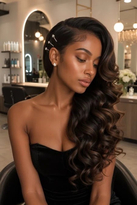 Elegant side swept hairstyle with jeweled pins, perfect for homecoming events, showcasing a sophisticated and stylish look.