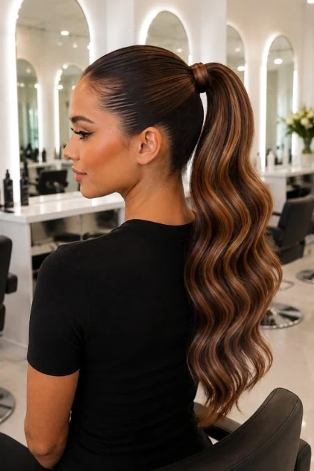 Elegant high ponytail with voluminous wavy hair for a sophisticated look, perfect for homecoming or special occasions.