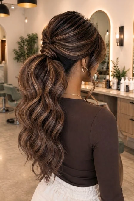 Elegant ponytail hairstyle with loose waves, perfect for a homecoming look, featuring a full crown detail and soft curls cascading down.