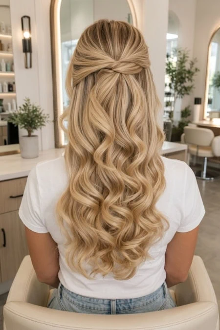 Long blonde hair styled in loose curls with a half-up twisted top section, perfect for a formal event or homecoming.