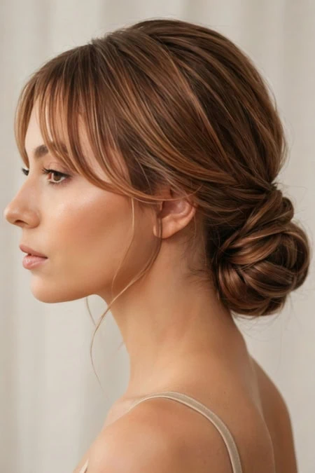Elegant woman with styled brown hair in a low bun, showcasing beauty and hair styling for skincare and beauty blog.