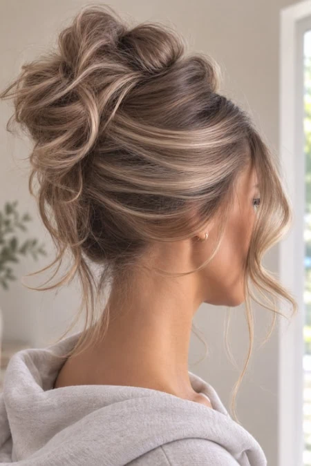 Elegant updo hairstyle with voluminous, tousled curls and subtle highlights, perfect for special occasions or everyday chic looks.