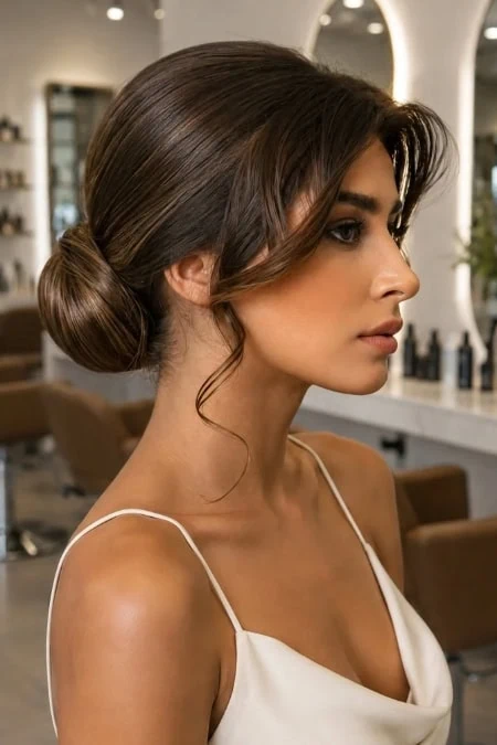 Elegant young woman with styled hair and natural makeup in a modern salon setting, showcasing beauty and hair styling services.