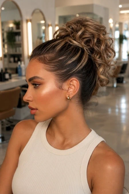 Elegant woman with curly updo hairstyle, wearing a white sleeveless top, in a modern salon setting with mirrors and salon chairs.